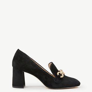 Ann Taylor black suede high-heeled loafers with go